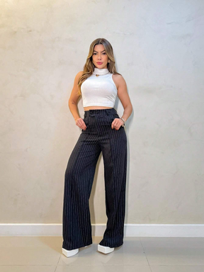Calça Wide Leg Casual Listrada