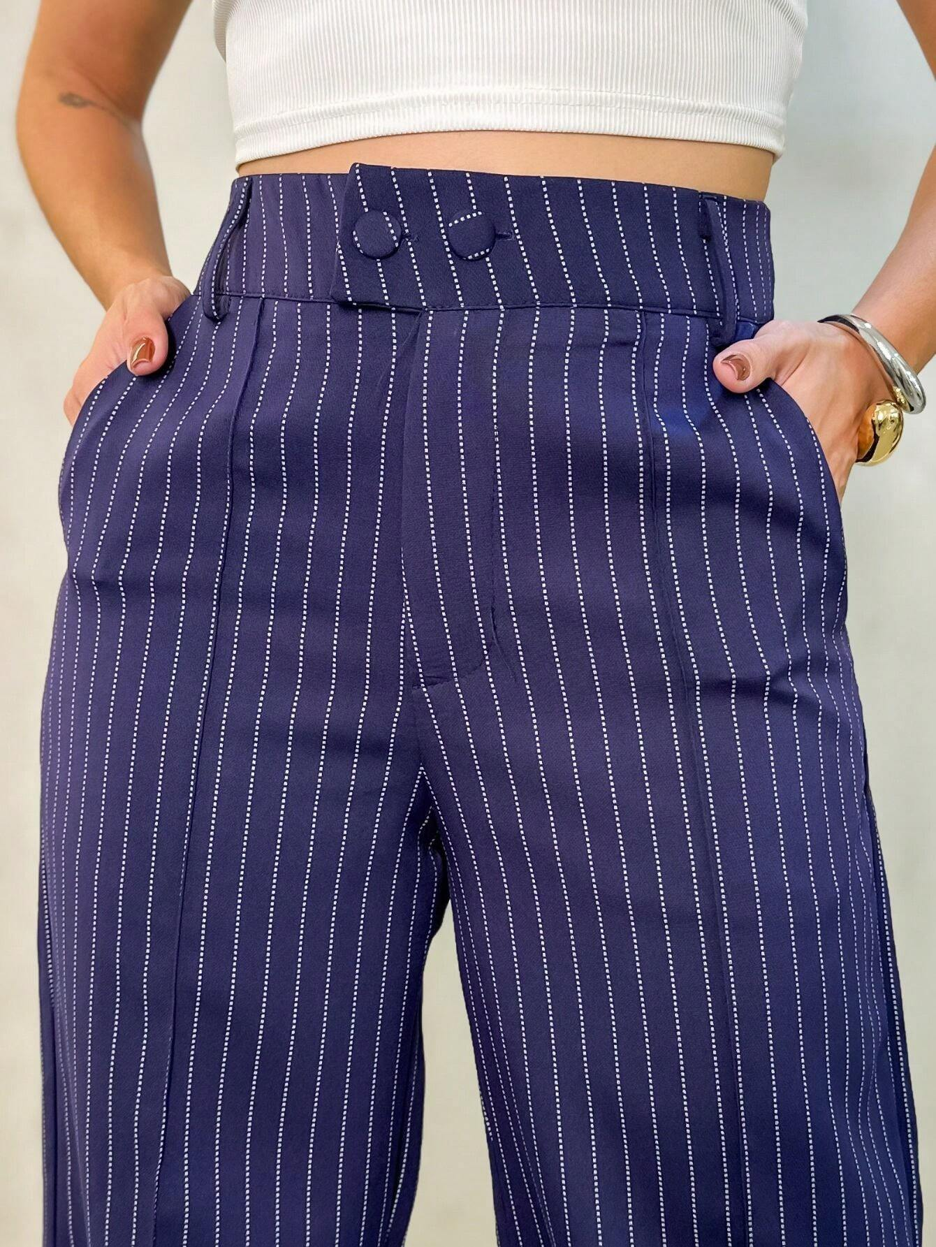 Calça Wide Leg Casual Listrada